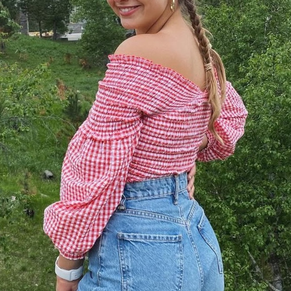 Zara Red Gingham Off-Shoulder Crop Top